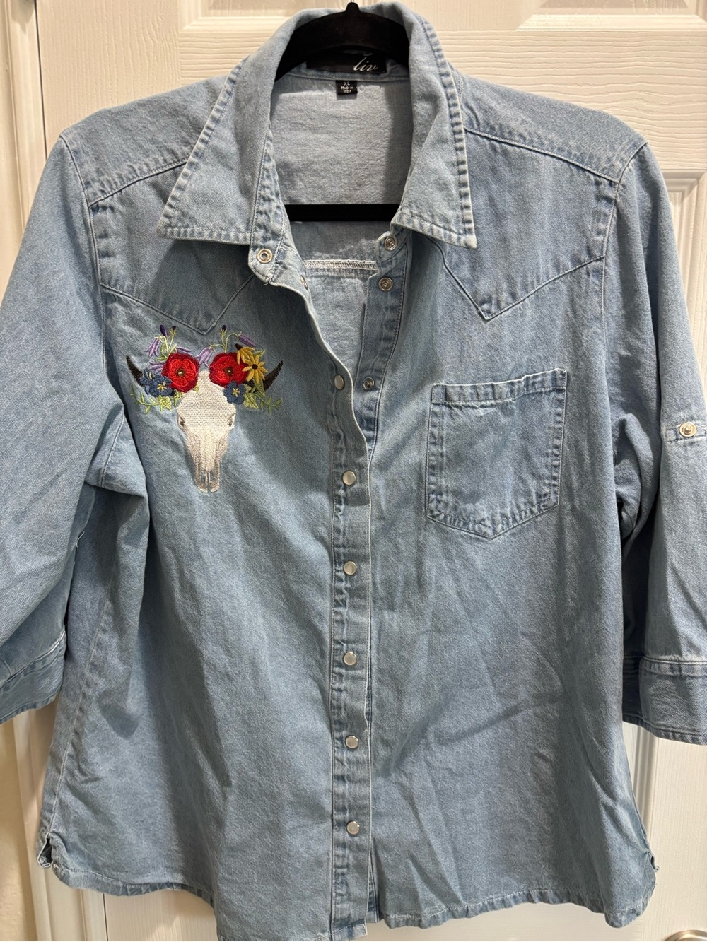 Light Blue Embroidered Western Button-Down Shirt